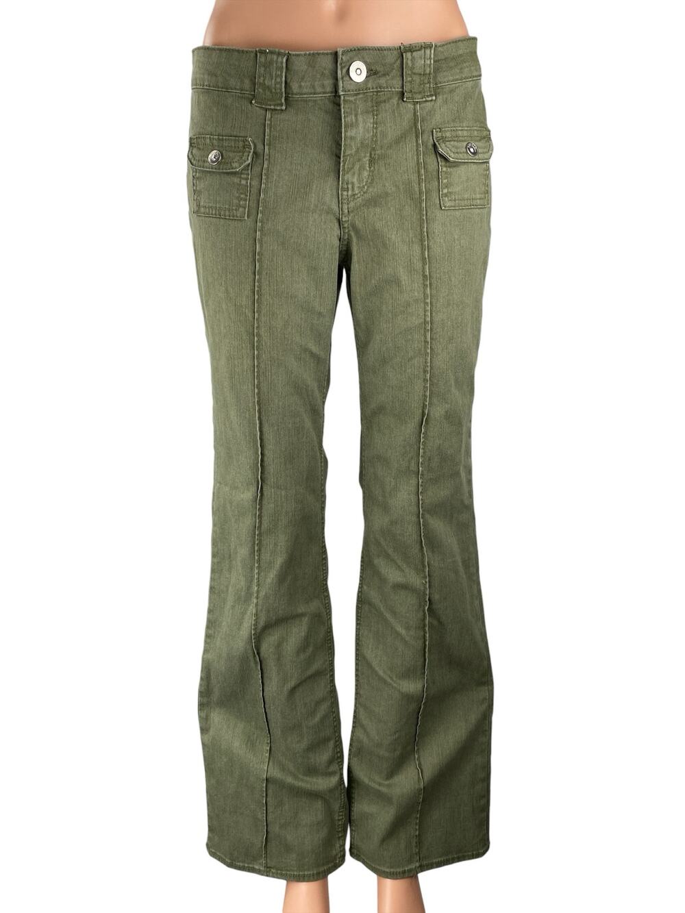 H&M Women's Green Mid Rise Pintuck Pocket Flared Bootcut Denim Jeans Size 6